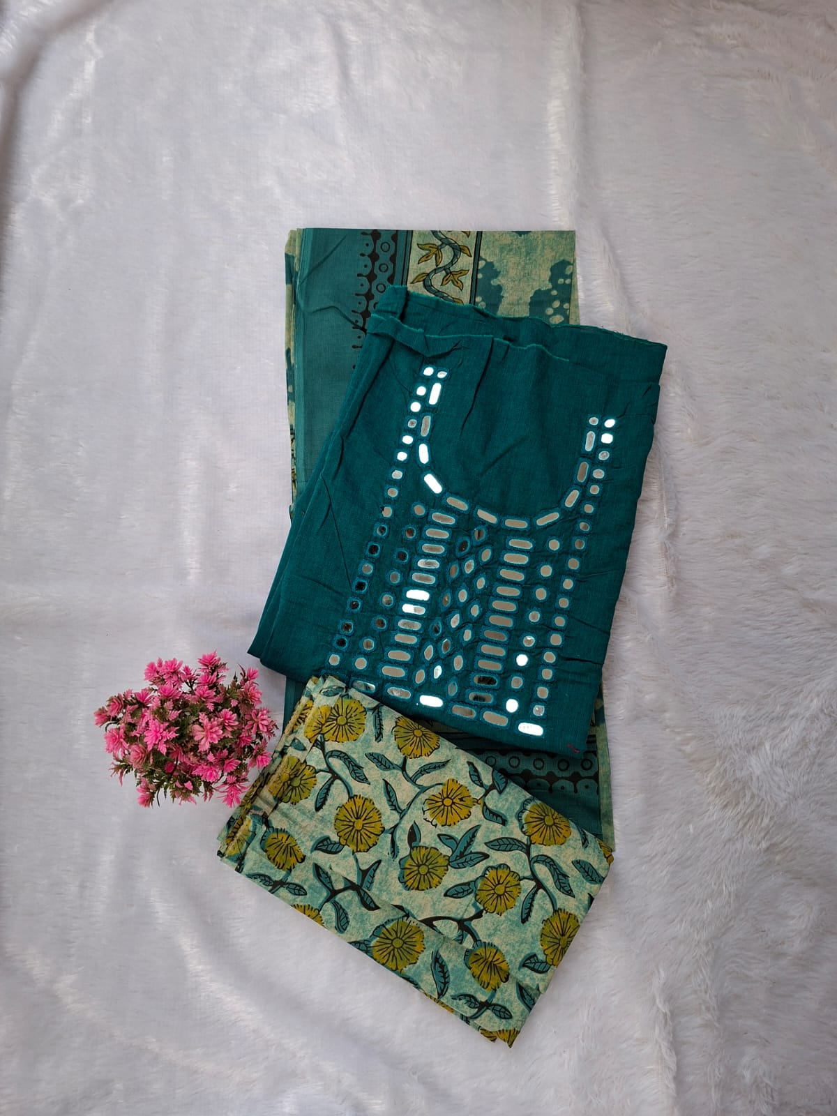 Mirror work on cotton-Sea blue