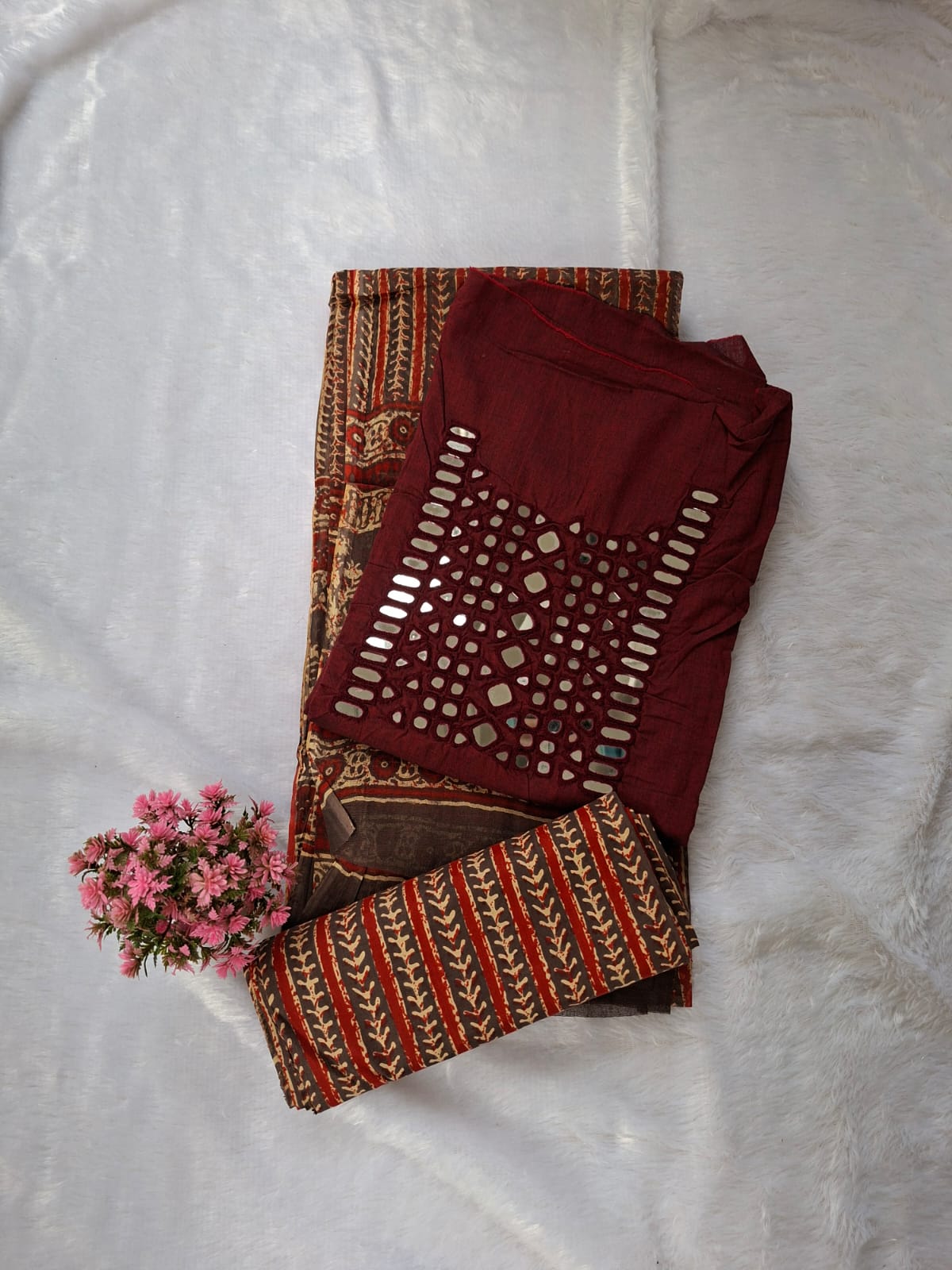 Mirror work on cotton-Maroon