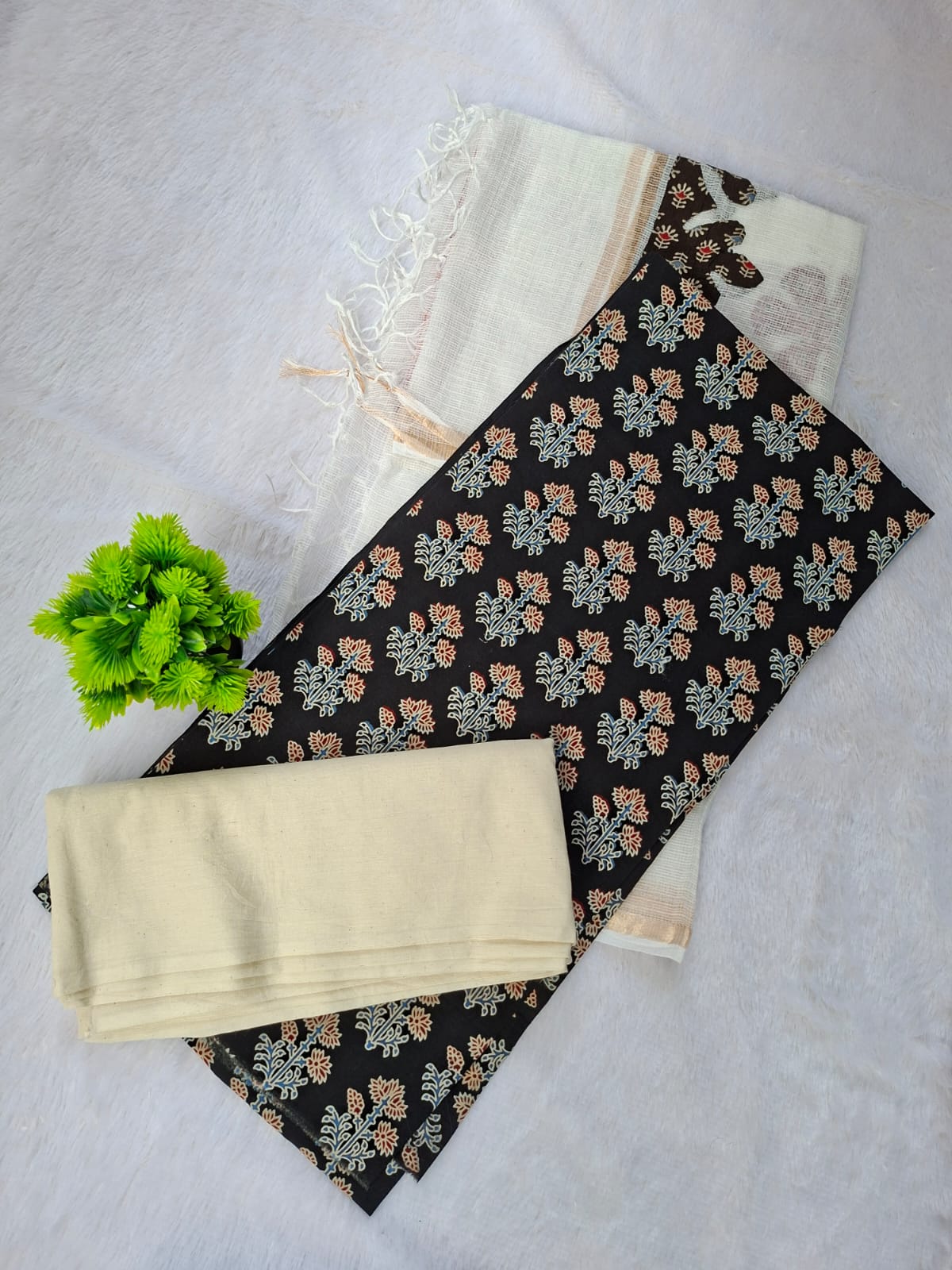 Patchwork dupatta cotton suit-Black